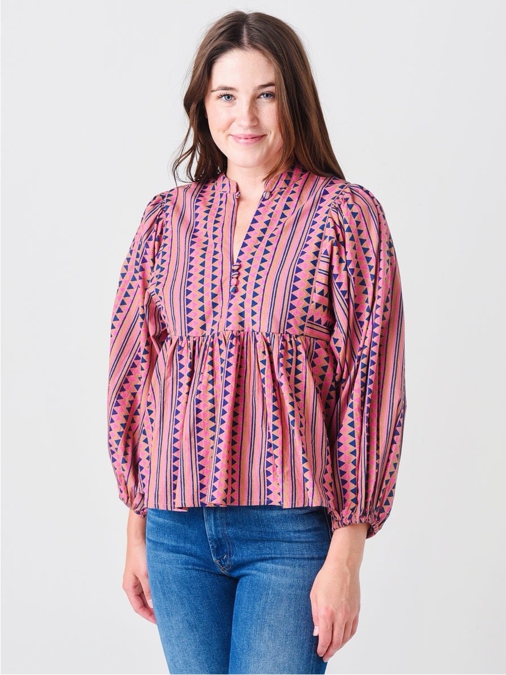 Oliphant Mandarin Balloon Sleeve Top Blouse in Pink Orange Blue Geometric Print